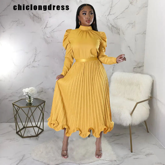 Autumn Fashion Elegant Slim Two Piece Set  Women Solid Satin Puff Sleeve Top Ruffle Dress Two Piece Set Women