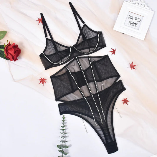 Exotic 3 Pieces Lingerie Women See Through Rhinestone Lace Underwear Black Nightwear Sexy De Femme Intimate Without Censored